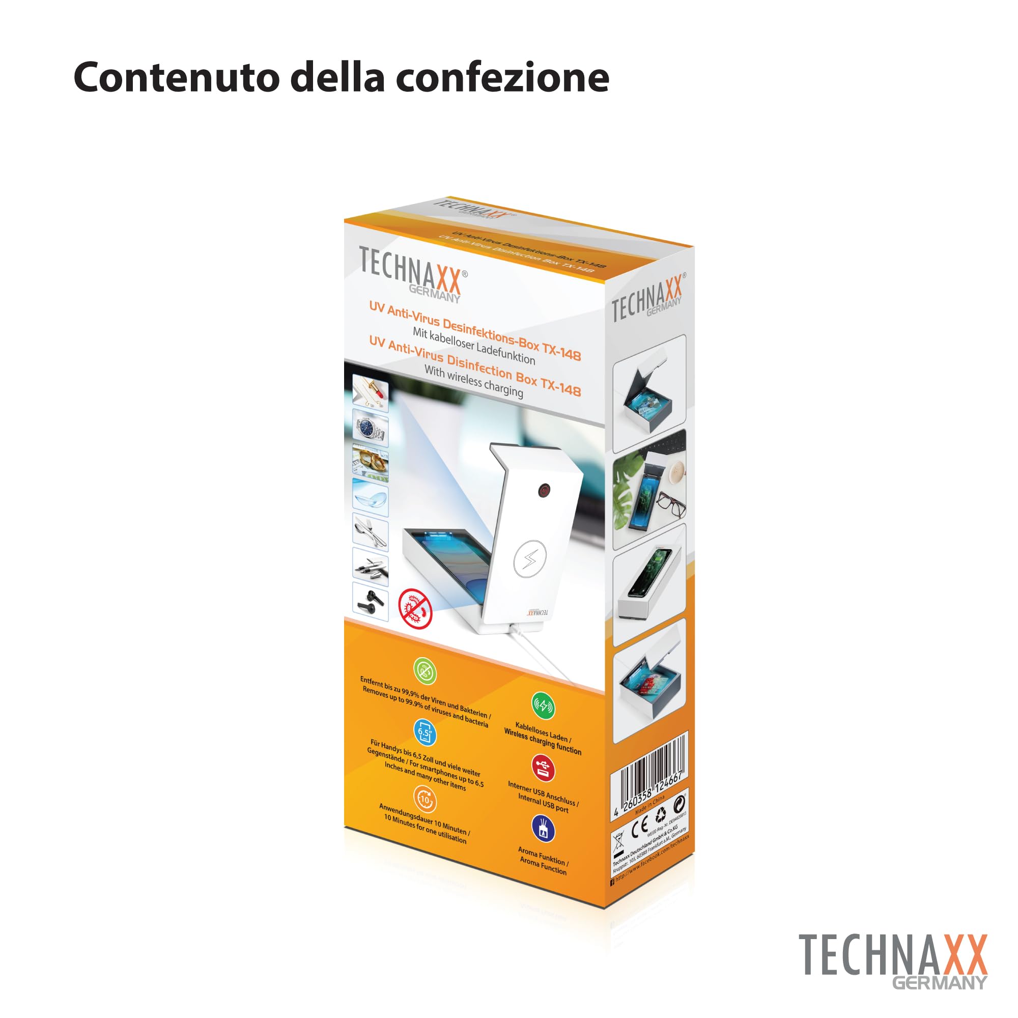 Technaxx scatola per la disinfezione a raggi UV per telefoni cellulari e oggetti TX-148 – Elimina batteri e virus fino 99,9%, comparto per oli aromatici, ricarica 5W per tutti i telefoni cellulari