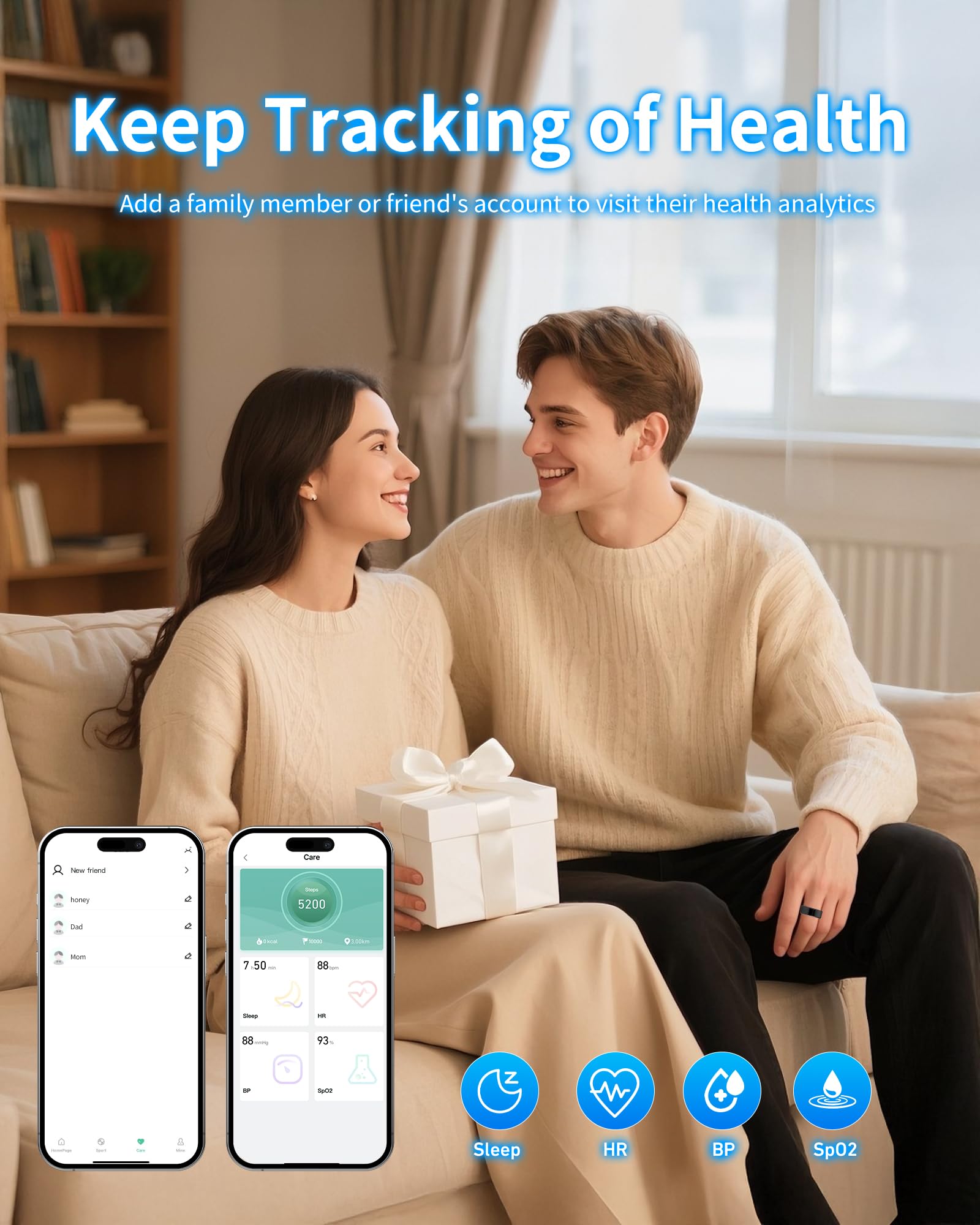 Smart Ring Tracker per donne e uomini, Smart Ring Tracker con ossigeno nel sangue/pressione sanguigna/frequenza cardiaca/monitoraggio del sonno/contapassi/controllo dei gesti/fitness tracker