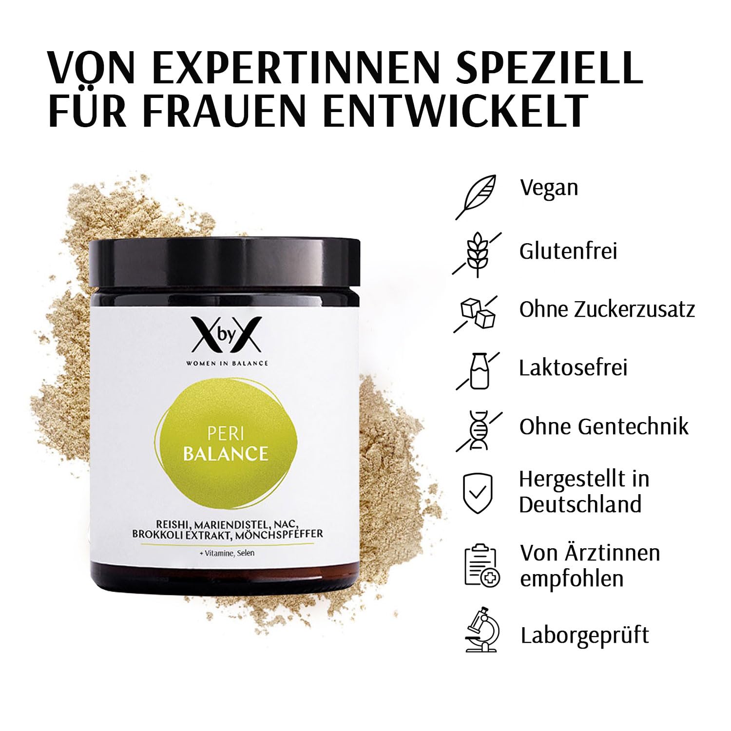XbyX® Peri Hormonbalance 180g | 90 Port. | Hormonelle Unterstützung ab der Perimenopause | Wirkstoff-Komplex aus Reishi, Mariendistel & Mönchspfeffer | Vegan | Hormonfrei | Ohne Soja | Aus Deutschland