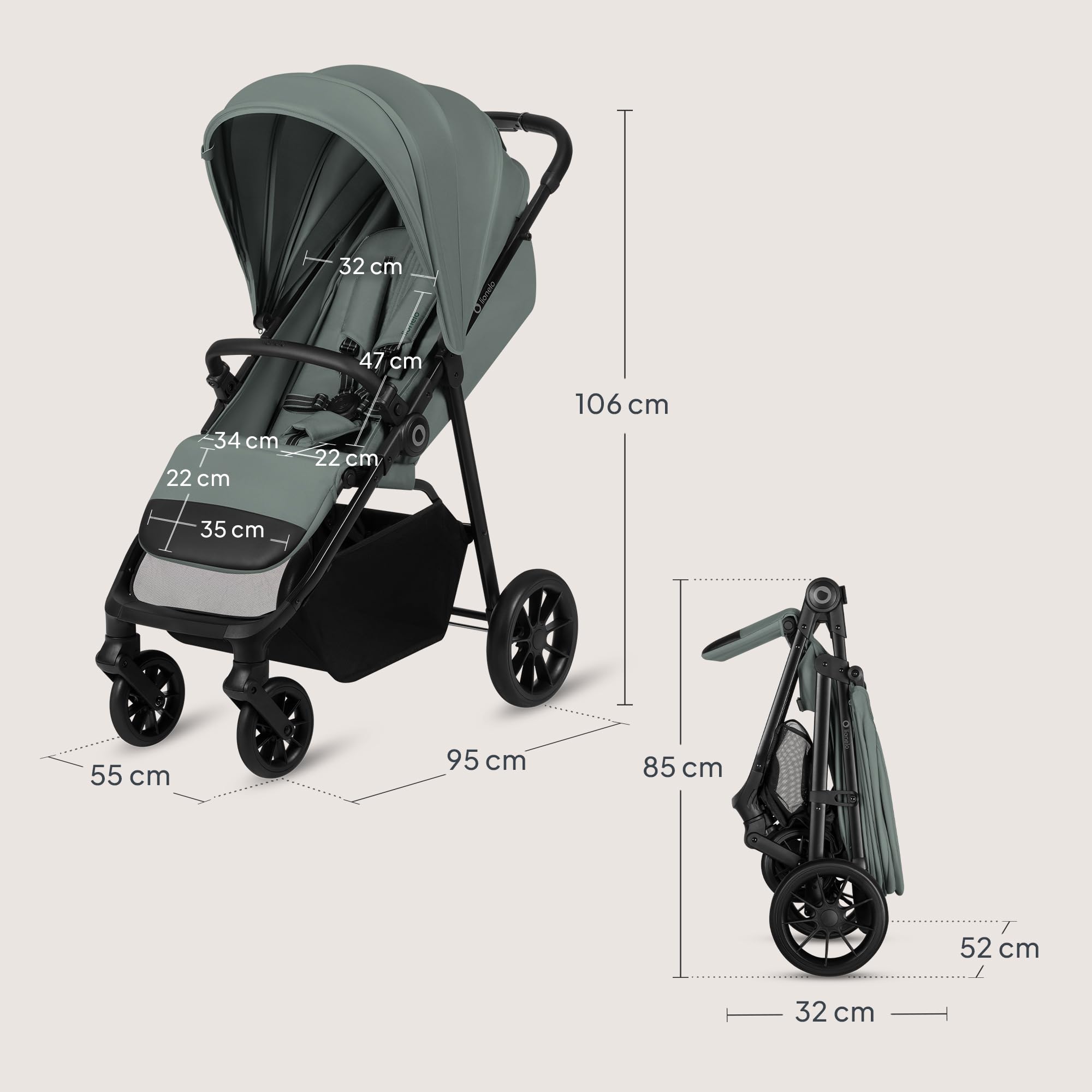 Lionelo Emerald Buggy bis 22 kg, 6 Monate–4 Jahre, EVA-Räder 360° mit Federung, einhändig faltbar, 91 cm Liegefläche mit verstellbarer Rückenlehne, UPF50+ wasserdichtes Verdeck, großer Einkaufskorb