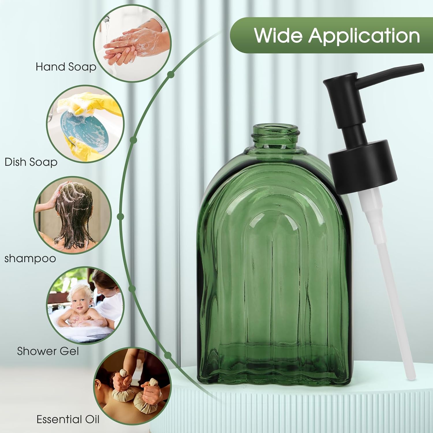 Topsky Arch Glass Soap Dispenser with Plastic Pump, 13OZ Liquid Hand Soap Dispenser, Rustproof Pump for Kitchen & Bathroom, Great for Lotions, Essential Oil, Liquid Soaps,Rainbow-Army Green