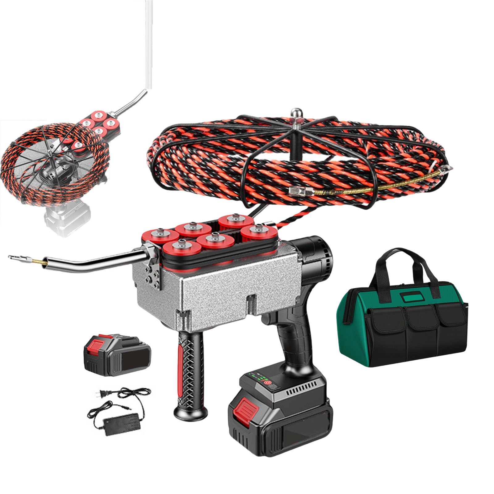 Estrattore elettrico per cavi, 21 V, con batteria e caricabatterie, strumento professionale per inserimento cavi, gomito a 90° per un facile infilo, trazione a 6 ruote, 1 batteria