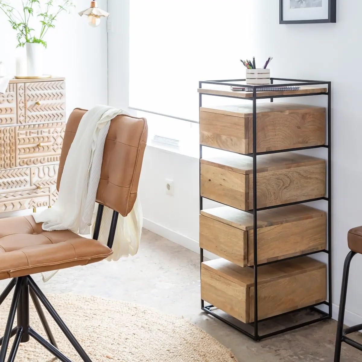 MANGO TRUNK Wooden 04 Drawer TALLBOY | Metal Stand | Natural Finish | Lacquer Finish | Storage Unit | Furniture for Home | 38X40X95 CMS-image-19