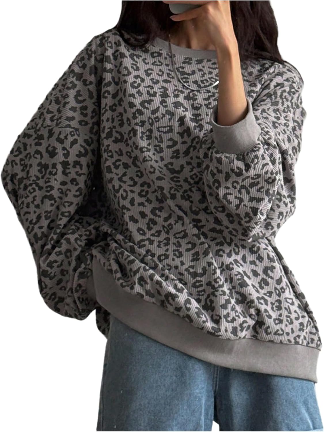 SweatyRocks Women's Leopard Print Tops Oversized Sweatshirt Crewneck Long Sleeve Ribbed Pullovers