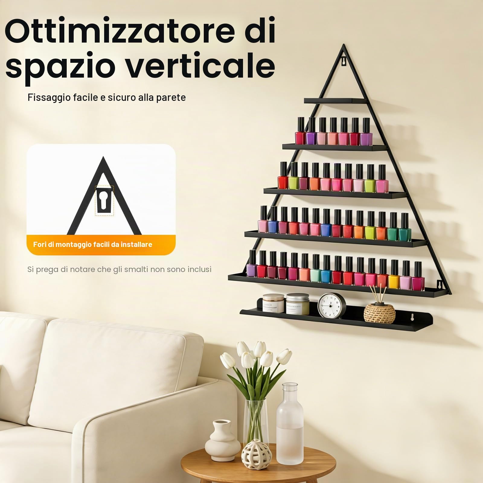 Set di 3 scaffali per smalti da parete in metallo, organizer per smalti dorati, a forma di diamante (nero)