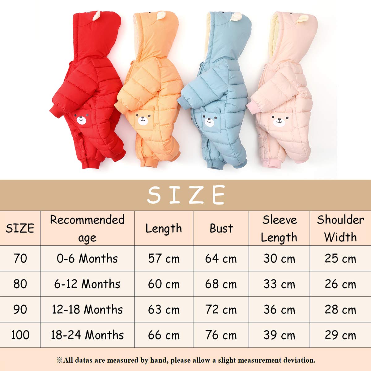 Bébé Barboteuse à Capuche Hiver Grenouillères Jumpsuit Garçons Filles Manche longue Vêtement Cadeau 0-6 mois,Orange