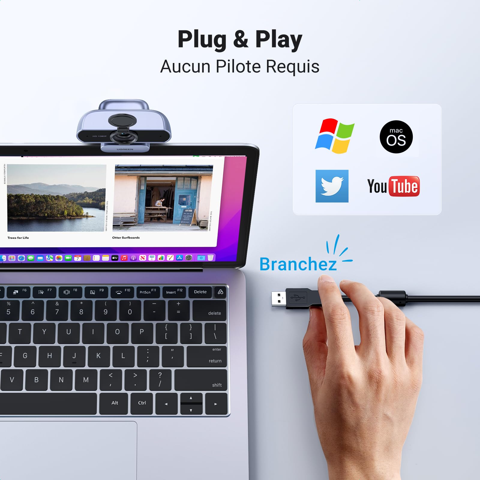 UGREEN Webcam Full HD 1080P 30FPS Caméra USB PC Mise au Point Fixe Deux Micro 360° Rotation Plug Play Windows MacOS Linux