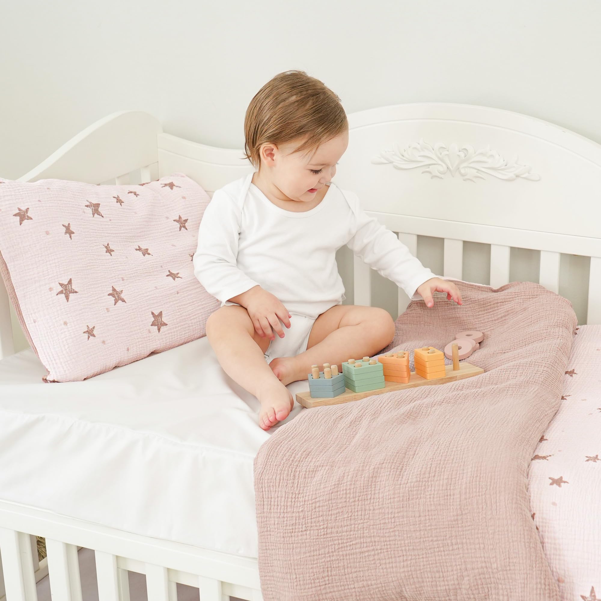 Susurration Ropa de Cama Infantil de Muselina, 100 x 135 cm, Funda de Almohada de 40 x 60cm, 100% de Algodón, Ligera y Cómoda, Juego de Ropa de Cama para Bebés y Niños(Estrellas Rosas)