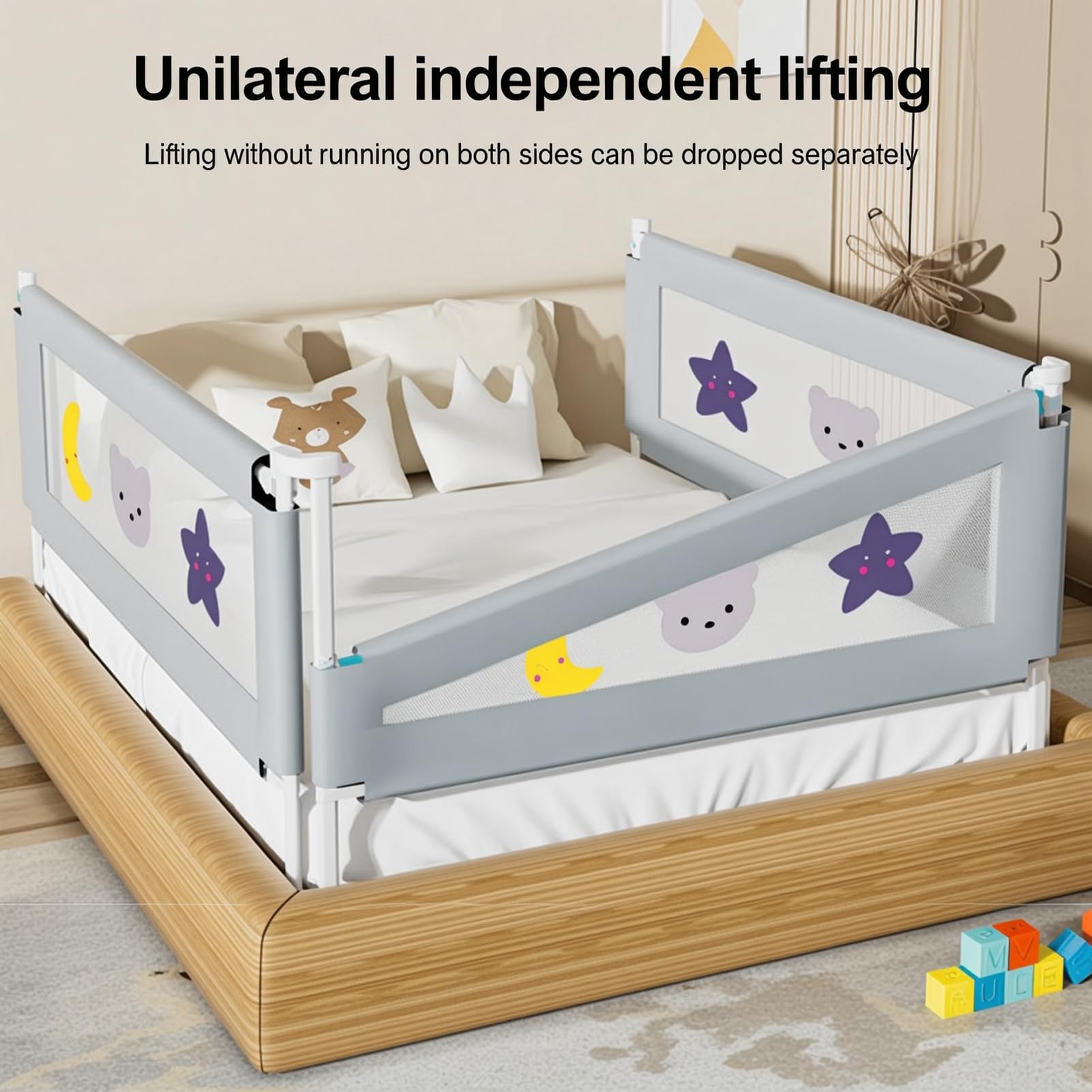 Riel de cama plegable portátil para niños pequeños, 2 x 200 cm + 1 protector de cama de 150 cm para camas dobles King, riel de cama de bebé ajustable en altura con malla aireada, ajuste sin