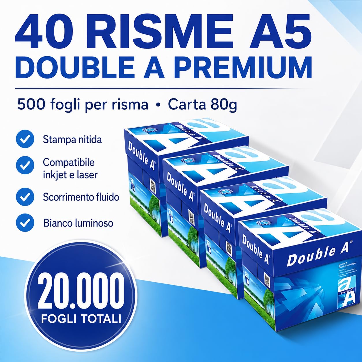 Confezione di Fogli A5, Pack 40 Risme Carta Formato A5 500 fogli da 80 g DOUBLE A Premium, Scorta, Carta per Stampante, Fogli per Stampa, Ufficio, Forniture, Carta per Fotocopiatrice