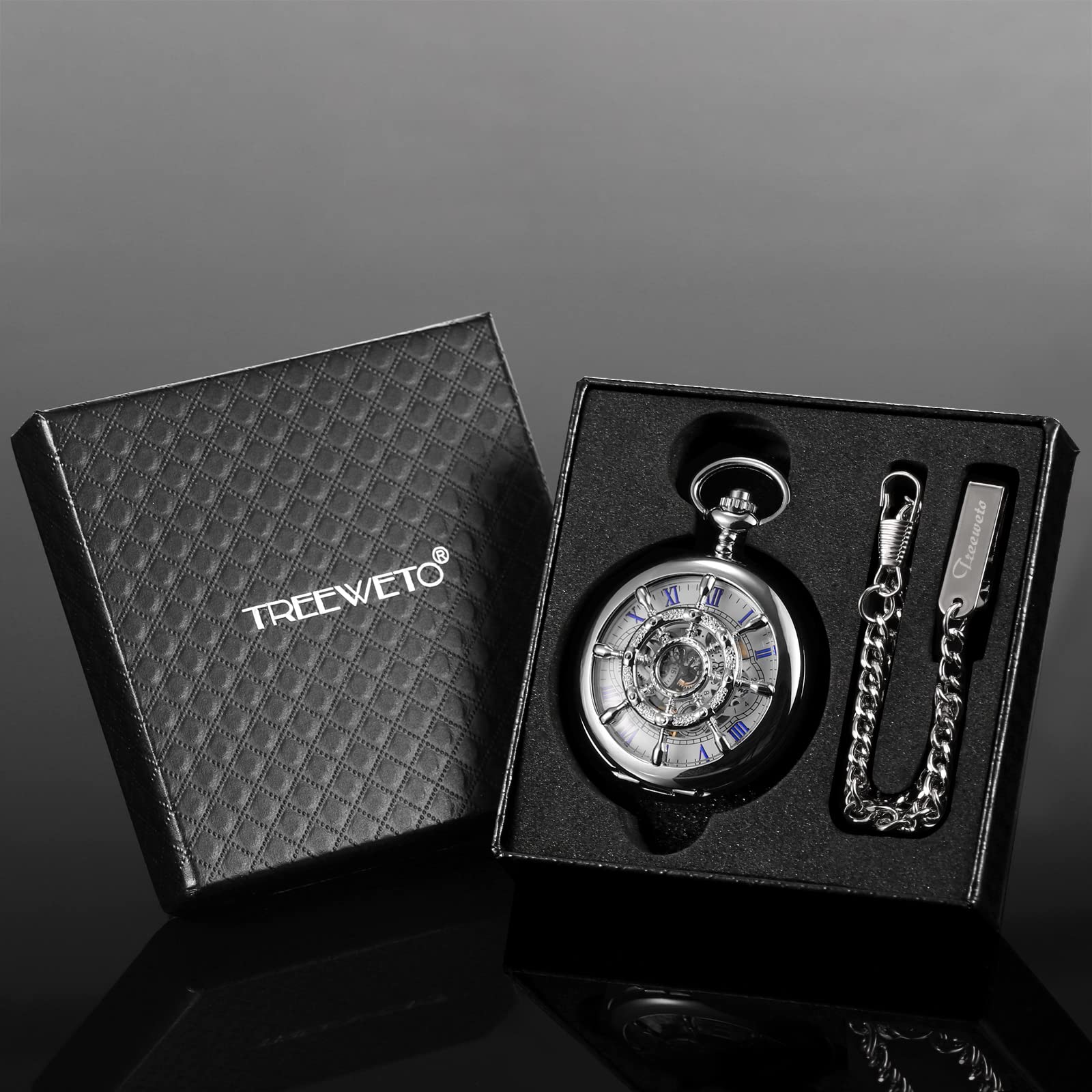TREEWETO Reloj de Bolsillo Vintage Timón Hueco Mecánico Steampunk Esqueleto Números Romanos Reloj de Bolsillo con Cadena para Hombres Mujeres