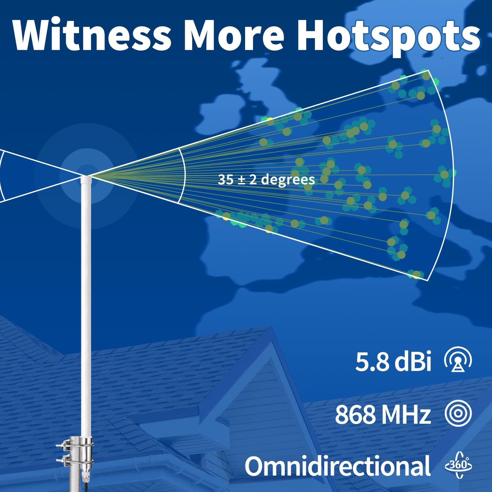 Bingfu Antenne Lora 868 MHz Extérieure N/RP-SMA/SMA Mâle 5.8 dBi Câble 3 m | Fibre de Verre Étanche, pour Hotspot Helium, Passerelle LoRaWAN, Mineur Bobcat 300 RAK V2 Sensecap M1 Nebra MNTD SyncroBit