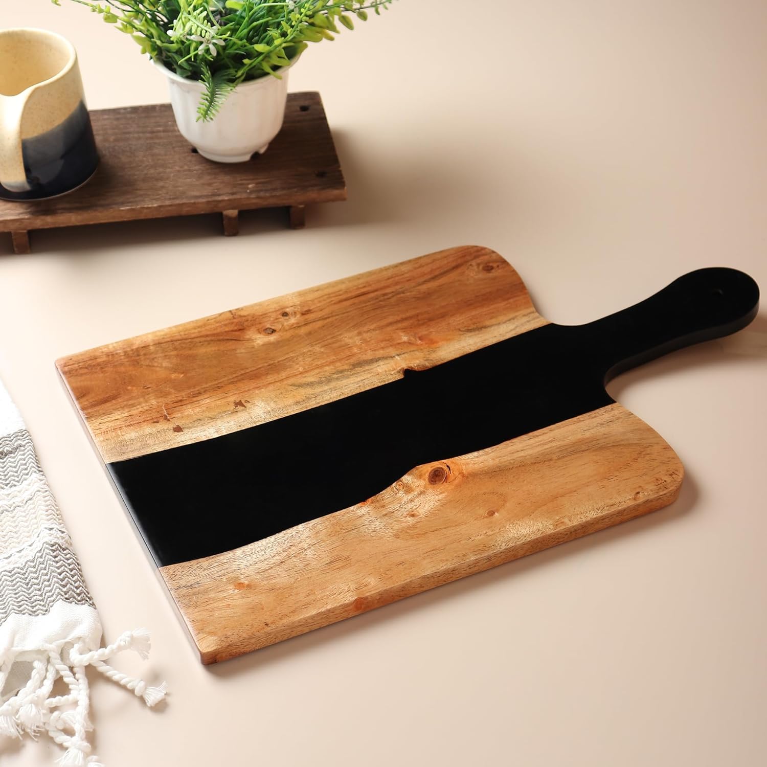 Acacia Wood & Epoxy cheese board | 16.5x10 inch | Use as serving platter tray for dishes, food, charcuterie, appetizers, Snacks | Cutting Board for fruits and vegetables | (Black)