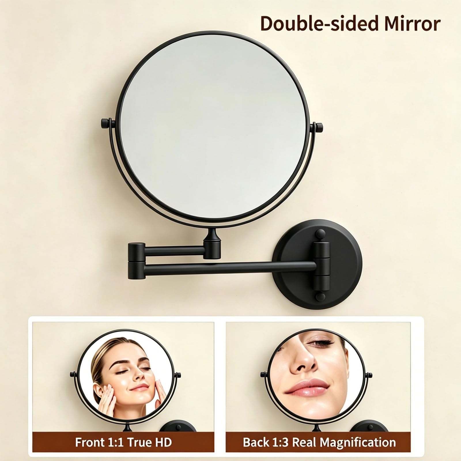 8 Pollici Specchio Cosmetico da Parete Telescopico, Specchio da Trucco Pieghevole da Parete con Ingrandimento 1X/3X, Girevole a 360° Specchio da Bagno, per Trucco e Rasatura in Bagno