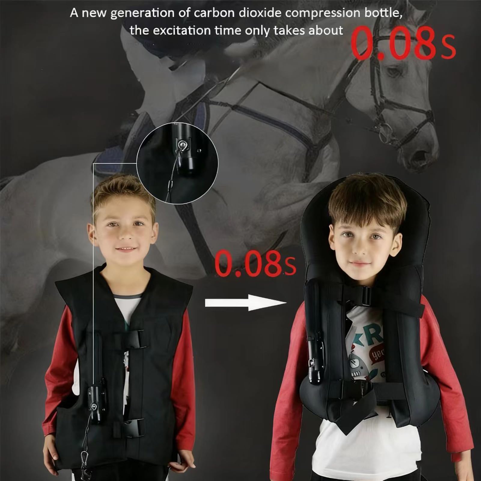 Chaleco De Airbag para Montar A Caballo para Niños, Jinete Ecuestre Ajustable Entrenamiento De Equitación En Motocicleta Chaleco Protector Botella De Compresión No Incluida