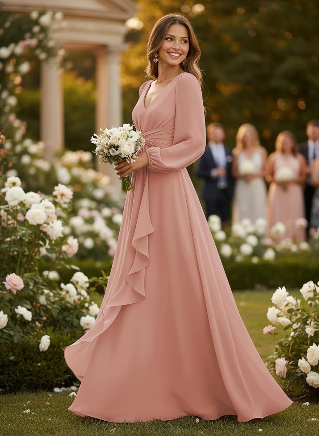 SNOWROSE Long Sleeve Bridesmaid Dresses for Women V Neck Pleated A Line Chiffon Ruffle Formal Wedding Guest Dress - Image 3