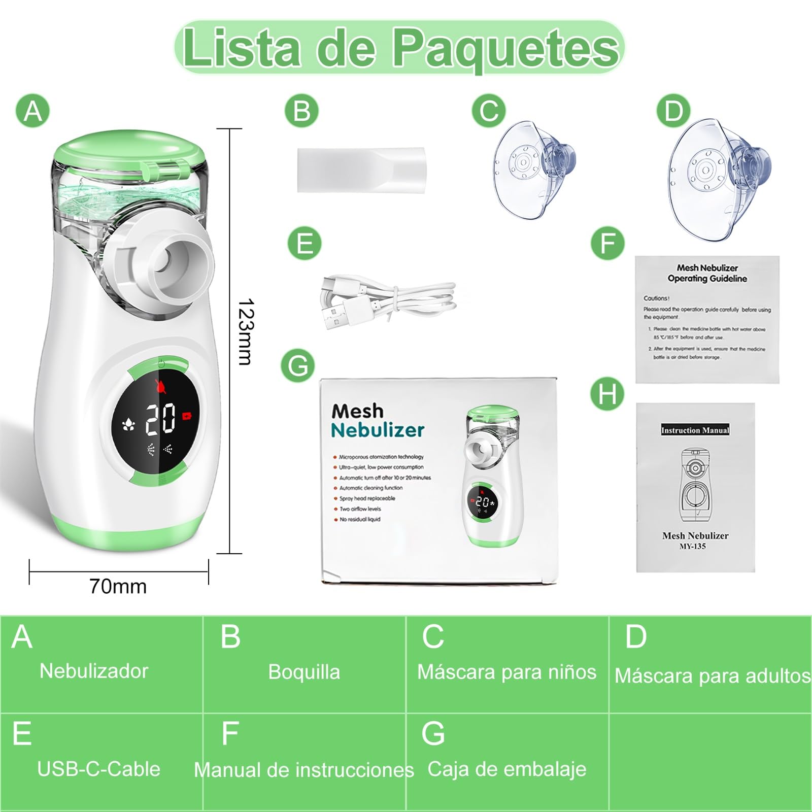 Nebulizador con Pantalla de Visualización, Nebulizador Portatil Nebulizador para Bebe Niños Adultos con Boquilla y 2 Máscaras, Nebulizador Silencioso para Uso Doméstico y de Viaje