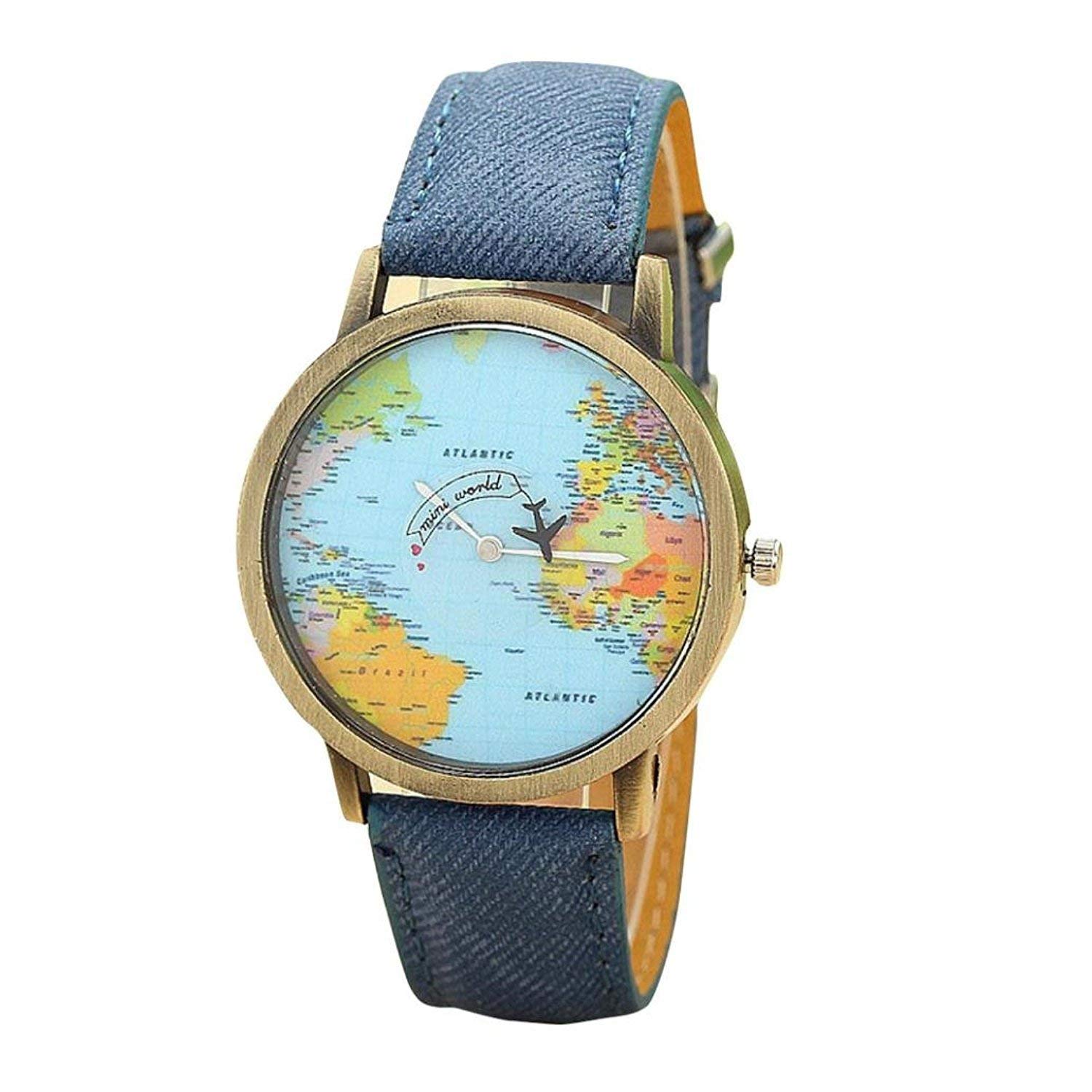 Unisex Retro Bronze Case Global Travel by Plane World Map PU Leather Band Quartz Watch