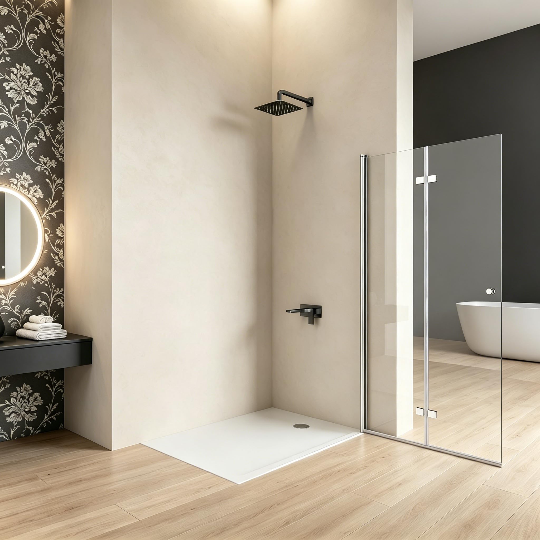 Walk in Dusche 90x185cm Faltwand Duschabtrennung 6mm ESG-Sicherheitsglas – 180° faltbar & bodeneben – ultrabreiter Einstieg, geeignet für kleine Badezimmer