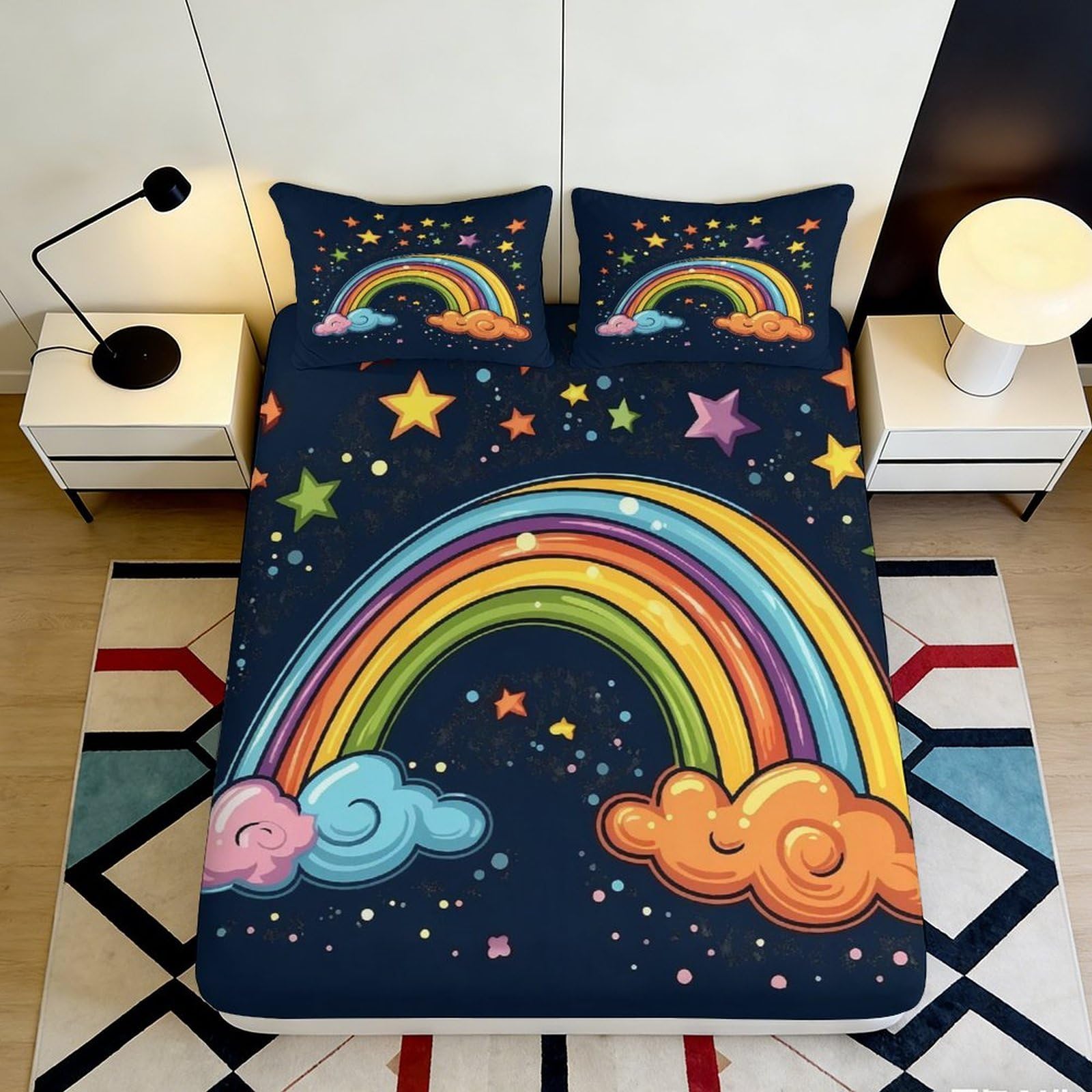3D Printed Rainbow Dream Fitted Sheet Microfiber Soft Star Cloud Bed Cover for Bedroom Guestroom Decor Easy Care 90x200x25cm