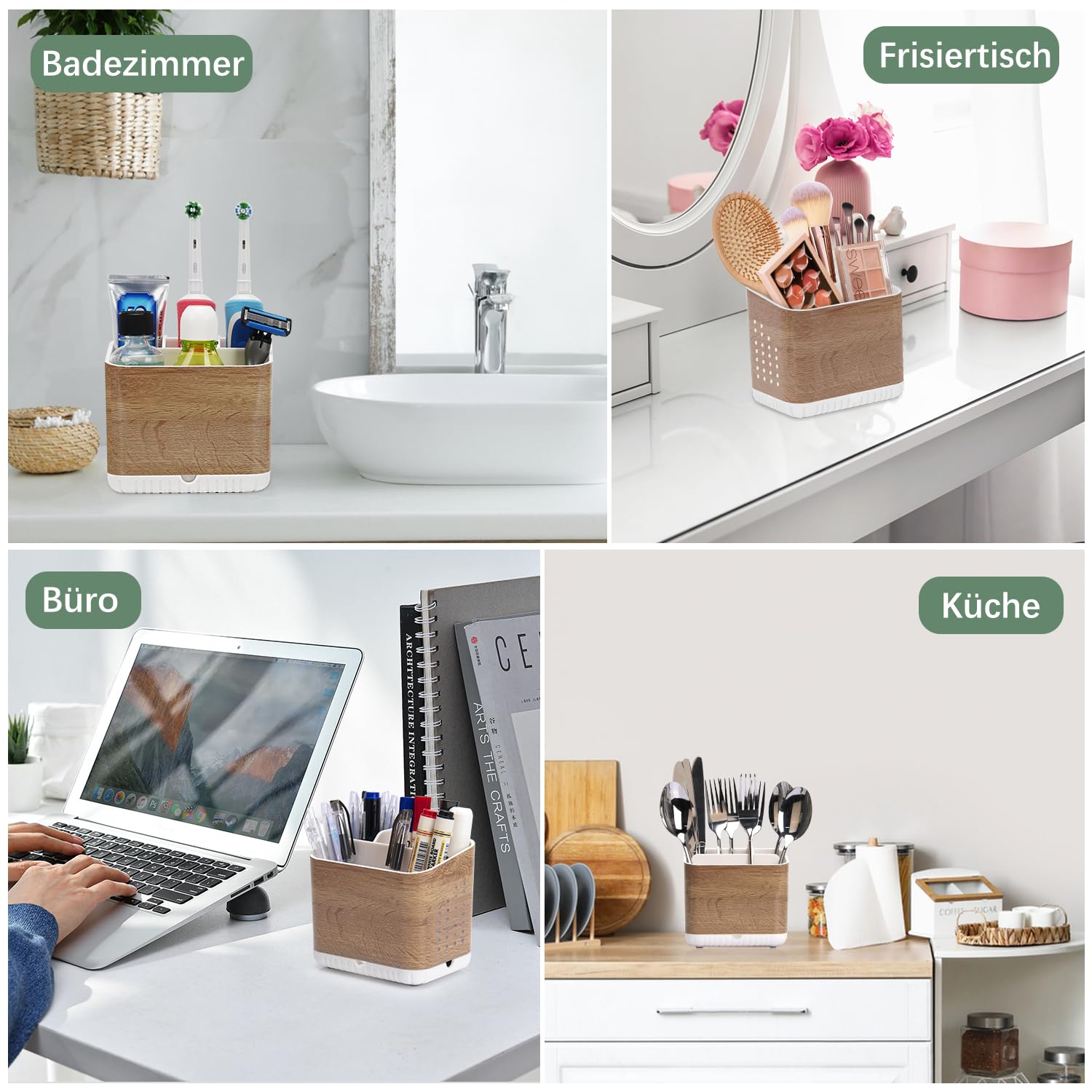 Porta Spazzolini Venatura del Legno Portaspazzolino Elettrico, Portaspazzolini con 4 Scomparti e fori di Drenaggio, Facile da Pulire Organizer Spazzolino Elettrico