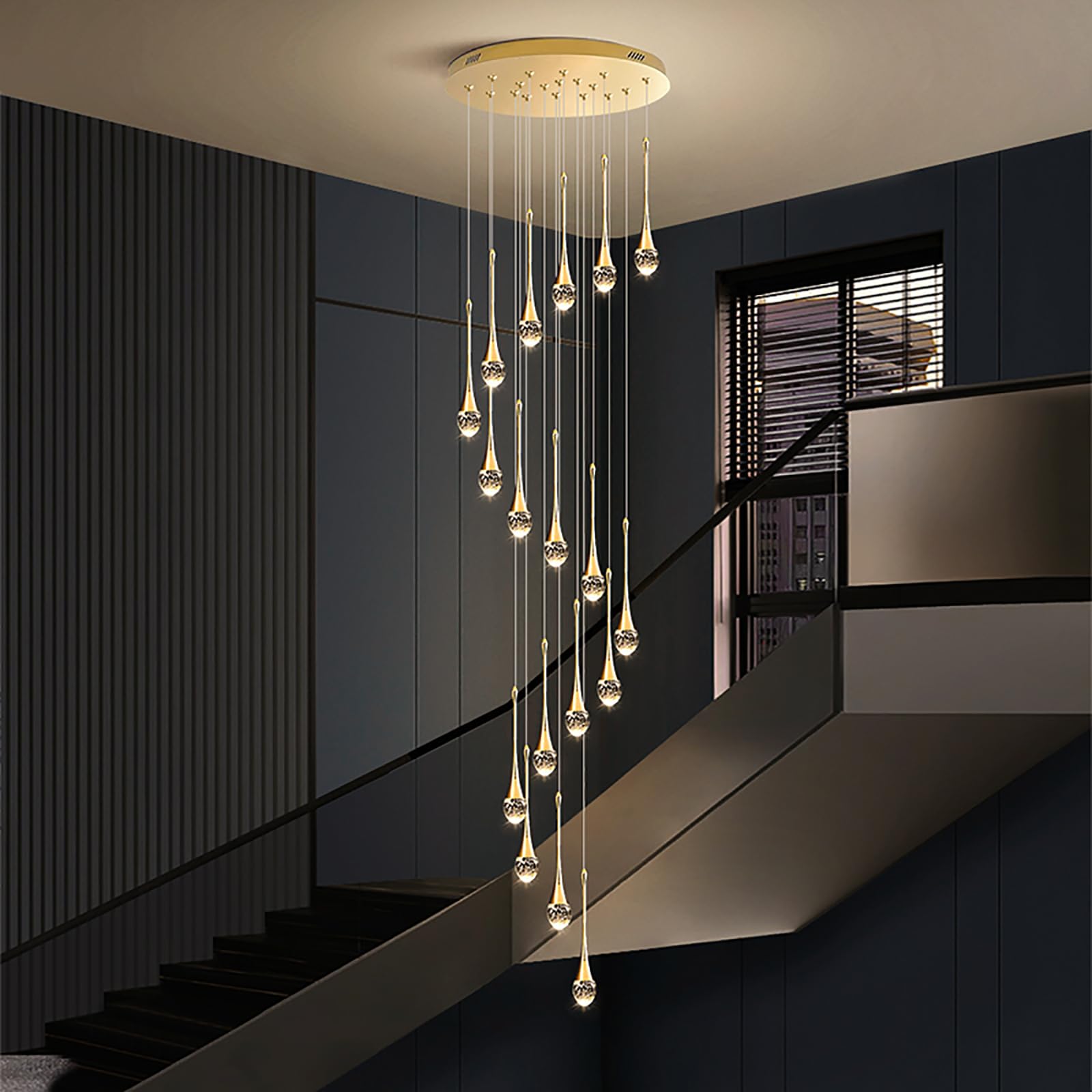 PCXEHUYP 18 Lights Large Crystal Chandelier for Sprial Staircase,108W Dimmable with Remote,118inch Adjustable Height Ceiling Light Fixture Villa,High Ceiling,Foyer(18 lights, Raindrop)