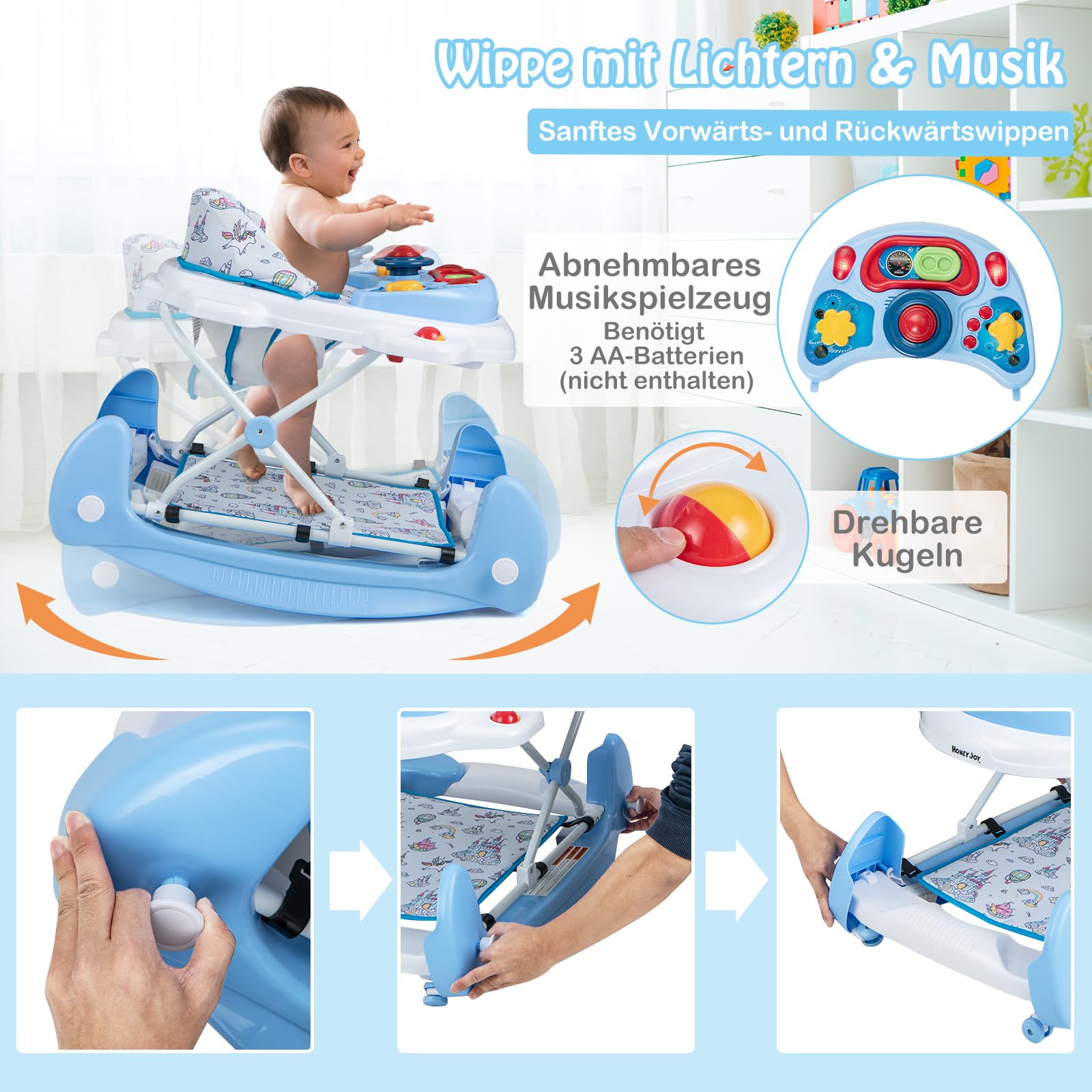 GOPLUS 6 in 1 Lauflernwagen, Lauflernhilfe faltbar mit Rädern, Baby Walker mit Fußkissen, Lichtern, Musik, Spielzeug & 3 verstellbare Höhen, Gehfrei für Baby ab 6 Monate, belastbar bis 12KG (Blau)