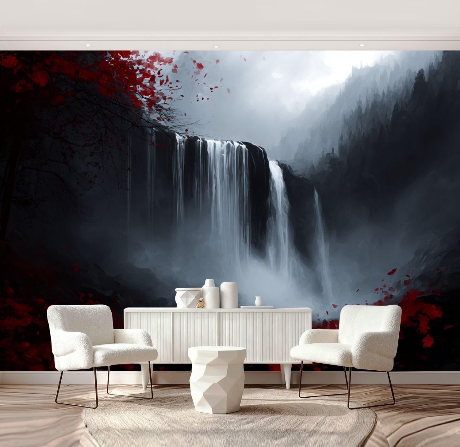 Wall Mural Peel and Stick Black White Red Woods Waterfall Landscape Waterfalls Leaves Misty Wallpaper Self Adhesive Removable Large Wall Stickers Home Decor for Living Room Bedroom 69"x96"