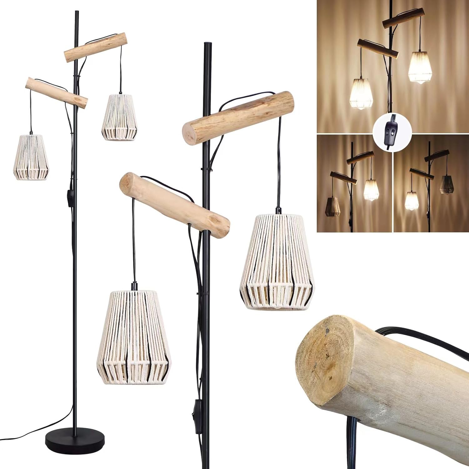2W-BohoFloor Lamps Boho Farmhouse Hanging Floor Lamp in Natural Cotton Rope,Bohemian Lampshade Handmade Rustic Stylish Floor Lamps for Bedroom Living Room Office Home Décor