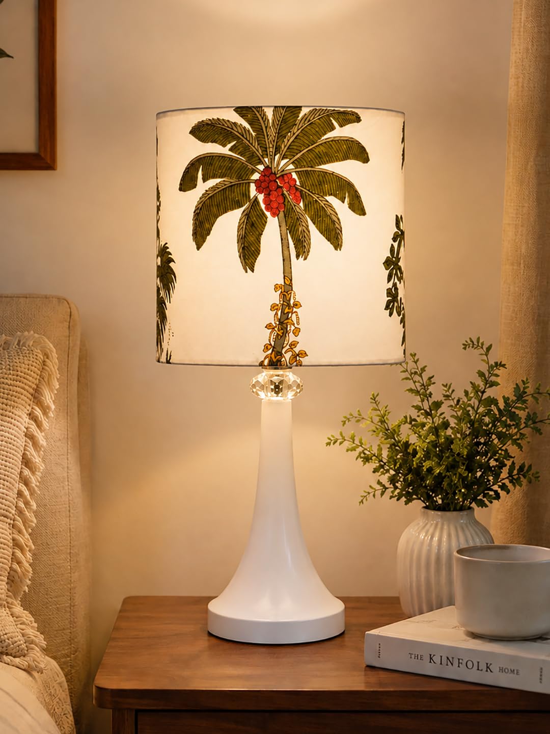 Vintage Table Lamp with Floral Printed Fabric Shade & White Metal Pedestal Base – Elegant Crystal Accent Bedside Nightstand Light for Bedroom, Living Room, Tropical Palm Botanical-image-40
