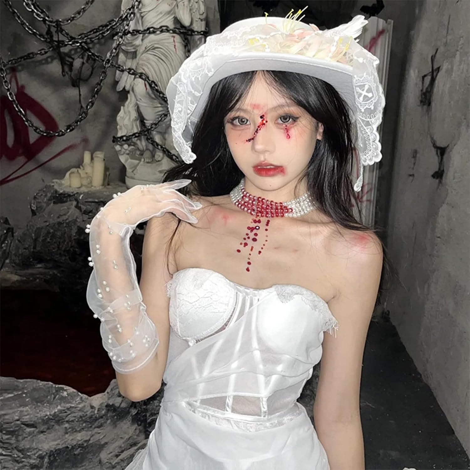 Pearl Gloves Women Long Tulle Wedding Bridal Gloves Bridal Opera Party Pearl White Gloves for Women Girls Show Wedding Halloween Cosplay Accessories 1 Pair - Image 2