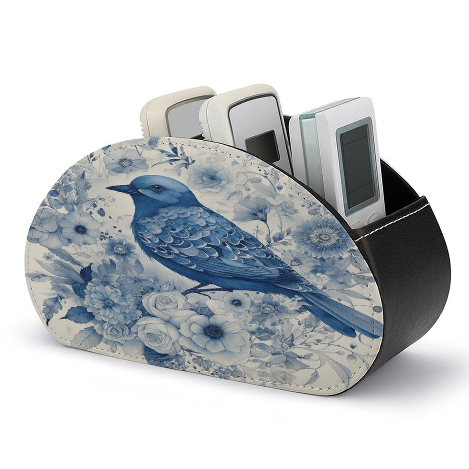 FekiLoot Bluebird And Flowers Remote Control Holder with 5 Compartments Multi-functional TV Remote Caddy Organizer Leather TV Remote Holder Desktop Organizer Store for Bedside Table Office Desk