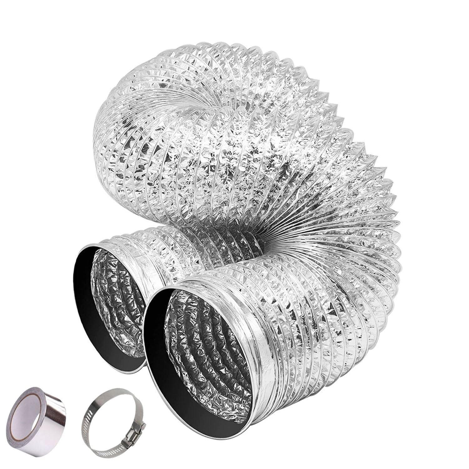 Elastyczne rury aluminiowe, Elastyczny przewód aluminiowy dźwiękochłonny z 2 opaskami zaciskowymi ze stali nierdzewnej Ø 80/100/110/120/150/160/170/180/200 mm do wentylacji grzewczej i chłodniczej(2m,