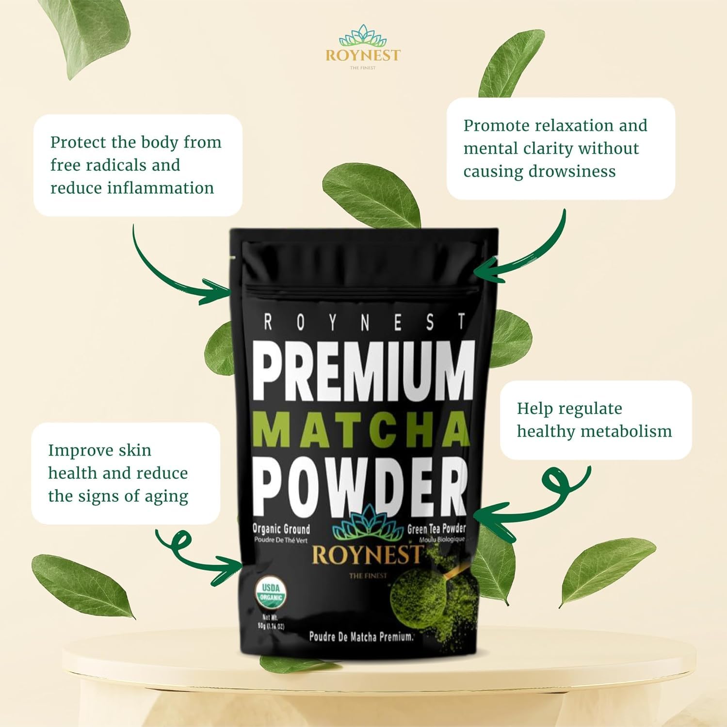 Roynest Premium Organic Matcha Powder – 100% Pure Matcha for Iced Lattes, Smoothies, Cold Drinks & Baking | Clean Energy, Vegan, Non-GMO, USDA Certified | 50g Resealable Pouch (3 Pack)
