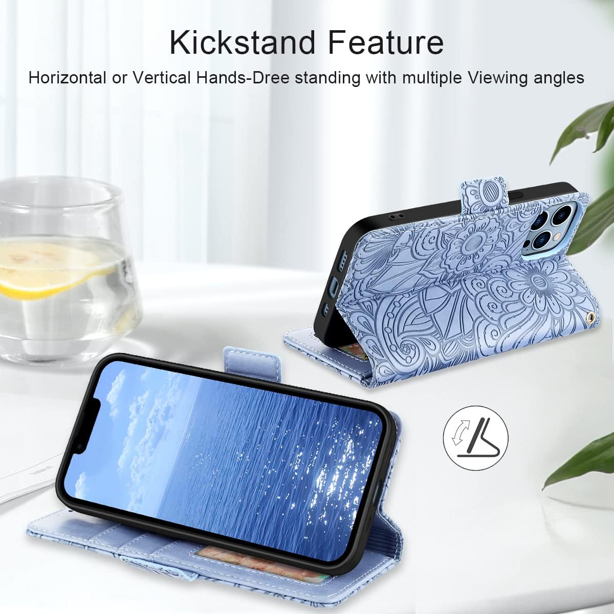 Petocase for iPhone 13 Pro Wallet Case,Embossed Mandala Floral Leather Folio Flip Wristlet Shockproof Protective ID Credit Card Slots Holder Cover for iPhone 13 Pro 6.1 Blue