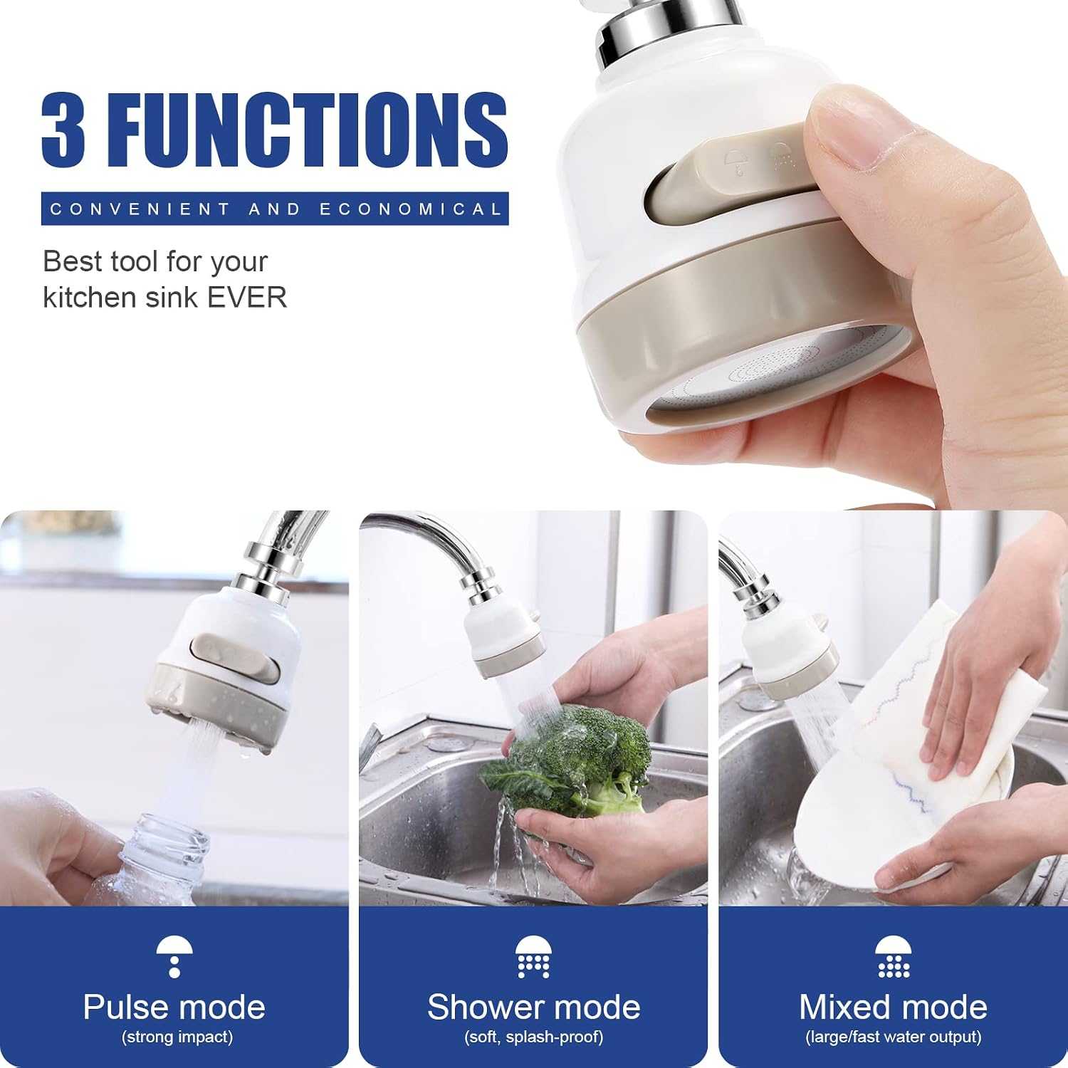 AMENER Movable Flexible Kitchen Tap Head With Filter Moveable 360 degree Rotable Swivel Water Saving Faucet Diffusser Water Purifier With M22 M24 Fitting (White)