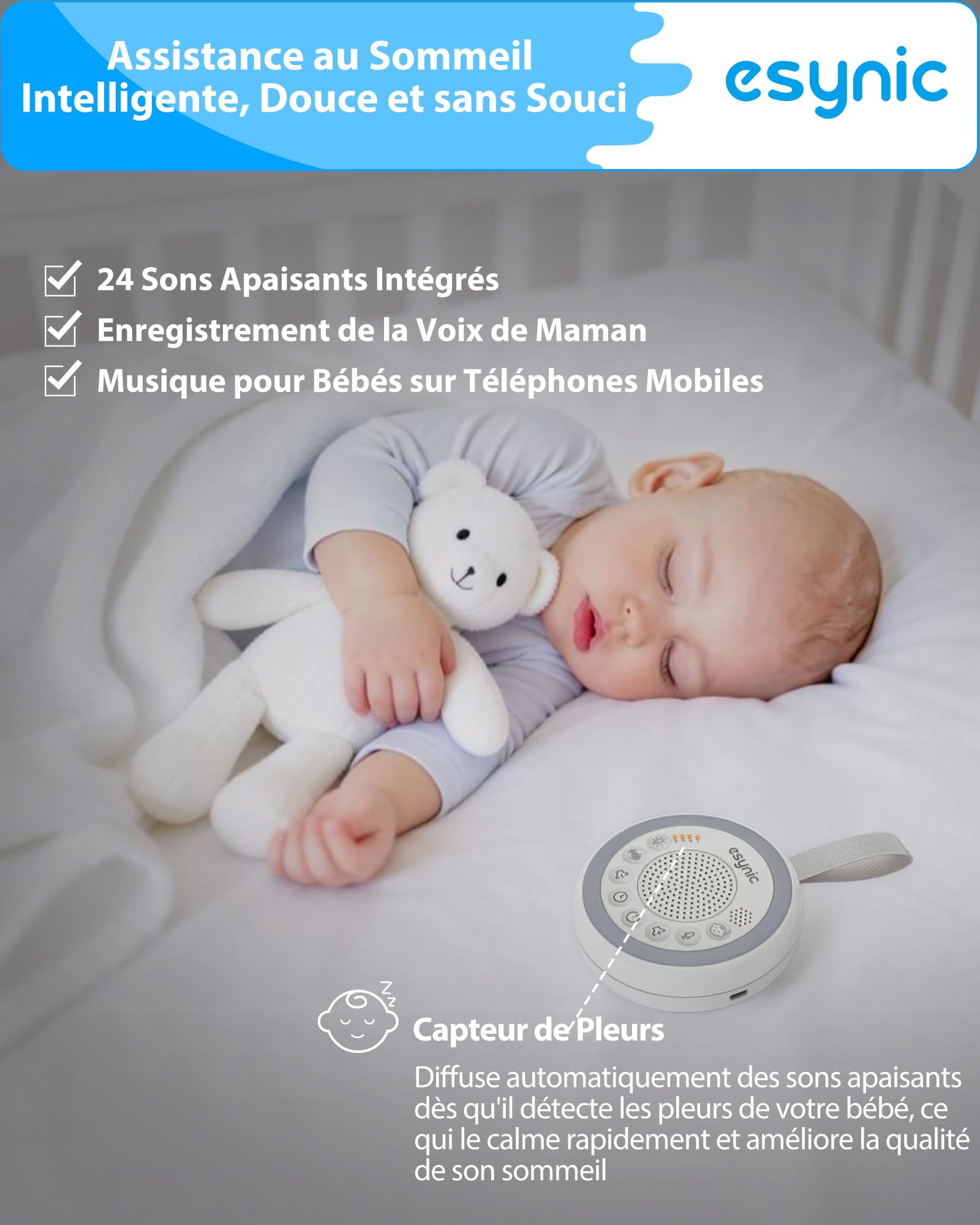 eSynic Machine à Bruit Blanc Portable pour Bébé avec Capteur de Pleurs Interrupteur Indépendant 24 Sons Apaisants Luminosité Volume Réglable Veilleuse Bruit Blanc Bébé Enregistrement Vocal Minuteries