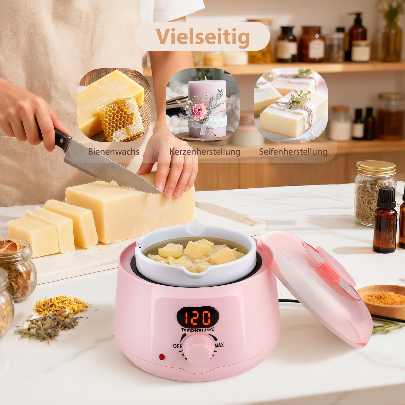 Fusciera elettrica, con 2 vasi interni rimovibili, forno a cera – 100 stoppini, adesivi per stoppini, dispositivo di centraggio e cucchiaio, inclusi per candele, candele fai da te (rosa)
