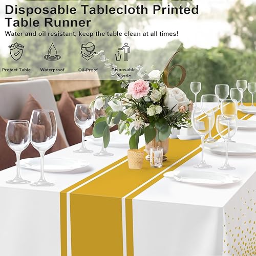 Miniatura 3 de Paquete de 2 manteles blancos y dorados para decoración de fiesta, mantel de plástico blanco estampado dorado de 54 x 108 pulgadas, mantel