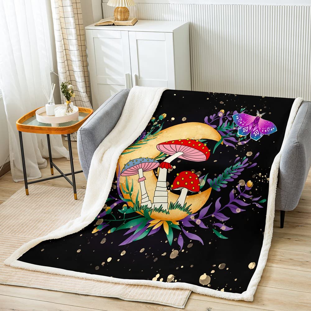 Loussiesd Moon Bohemian Style Sherpa Blanket Psychedelic Hippie Design Fleece Throw Blanket Mushrooms Botanical Plants Plush Blanket for Bed Sofa Warm Fuzzy Blanket Double 60x79 Inch