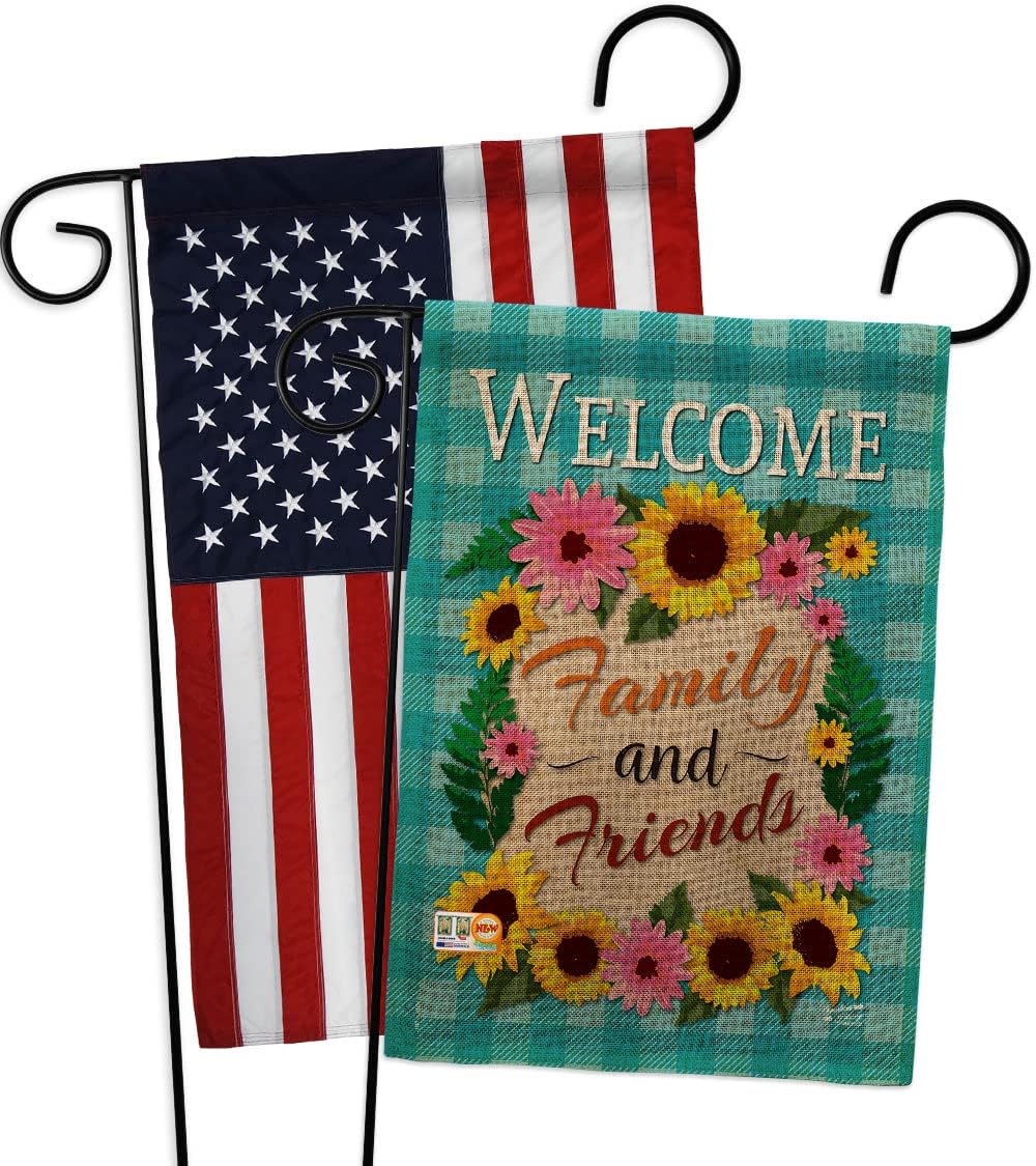Welcome Family and Friends Garden Flags Pack Floral Sunflower Tulip Rose Orchid Lilies Season Springtime Flower Wreath USA Applique Small Gift Yard House Banner Made In 13 X 18.5