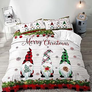 LUVIVIHOME 3PCS Cute Gnome Christmas Duvet Cover Queen, White Duvet Cover, Kids Bedding, Holiday Xmas Tree Balls Snowflake Black Green Red Buffalo Plaid Comforter Bedspread Quilt Cover, 2 Pillow Shams