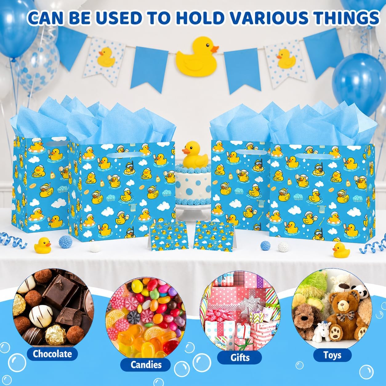 Papmiunm Large Blue Duck Birthday Gift Bag with Greeting Card & Tissue Paper, Large Rubber Duck Gift Bags for Baby Shower, Yellow Duck Treat Bags for Kids Party, Fun Handled Paper Favor Bags image 4