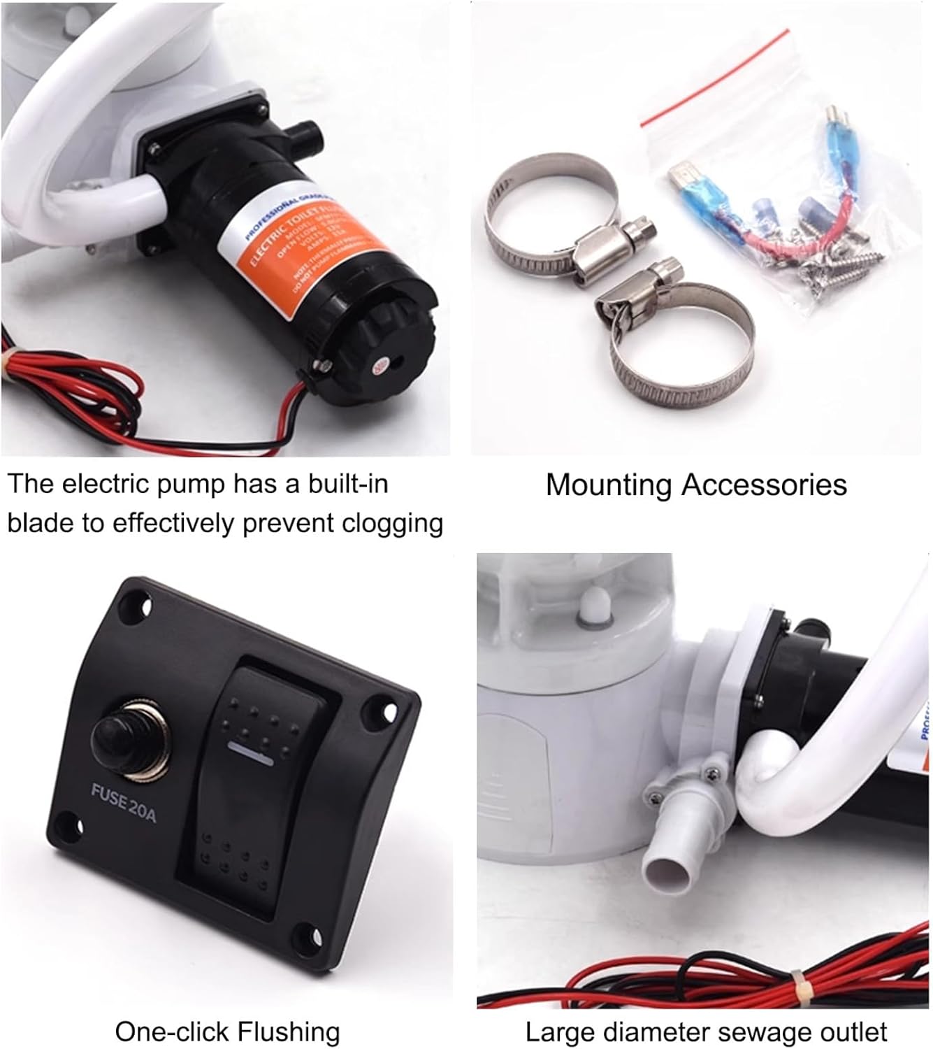 Electric Marine Toilet Boat Head 12V Quiet Flush Horizontal Design for Yachts, RVs, Campers, Compact Boat Head Solution
