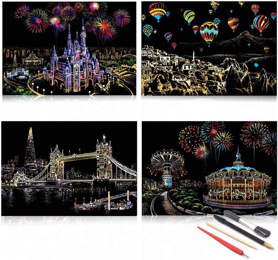 Buy Scratch & Sketch Art Paper A4 For Kids & Adults, Rainbow Painting Night View Art&Craft