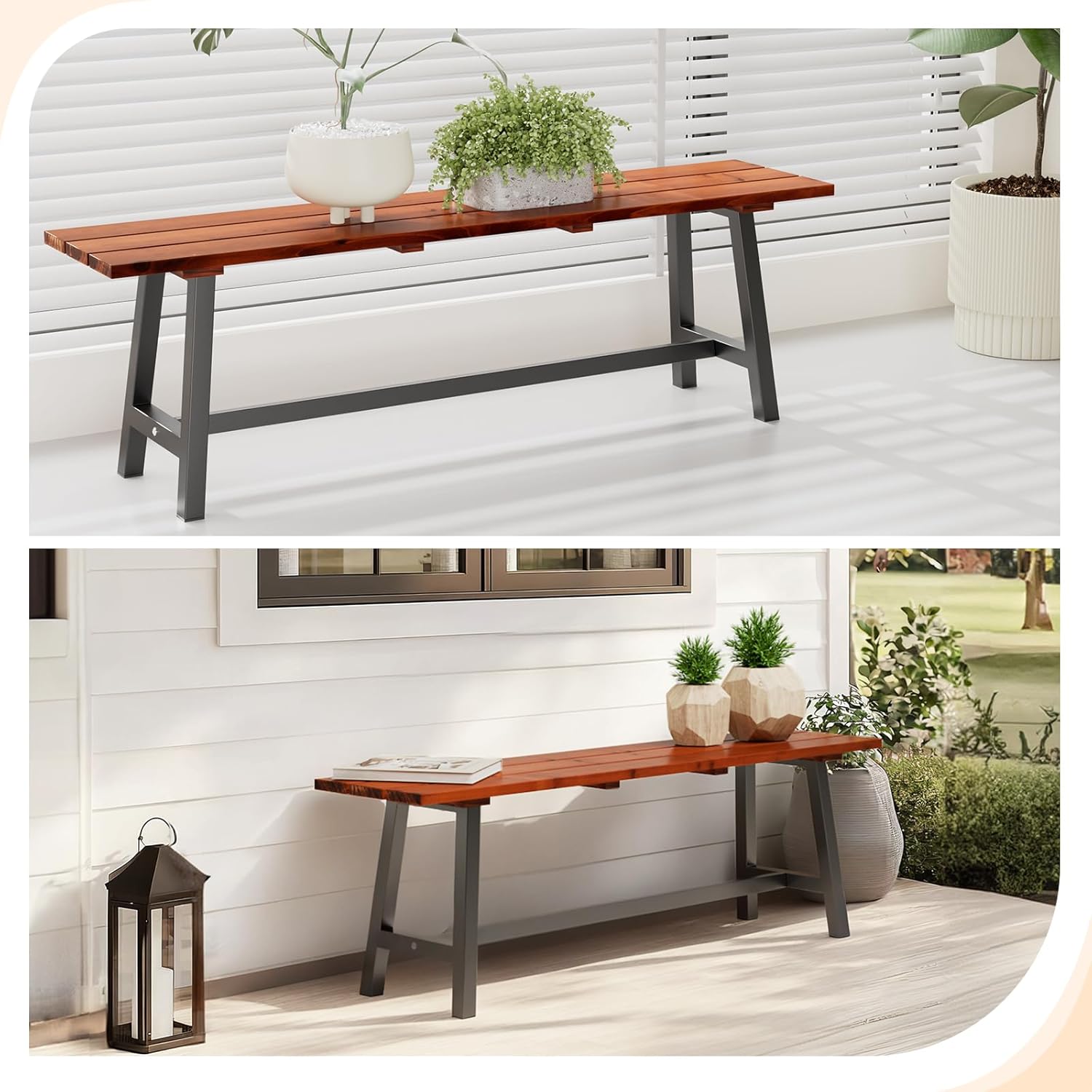 VINGLI Outdoor Wooden Bench, 45” 2-Person Backless Dining Bench, Weatherproof Outdoor Patio Bench for Porch Entryway Garden (1, Brown ＆ Black)