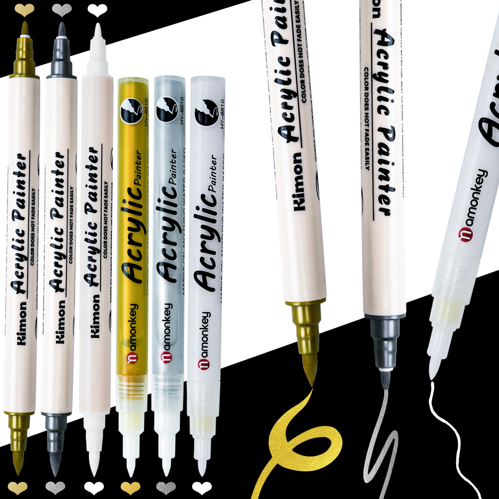 LYINUR 6 Pcs Acrylic Paint Pens, Metallic Gold Silver White, 0.7mm / Dual Tip Brush & Fine, Highlight Permanent Marker Pen for Art, Easter, Black Paper, Fabric, Glass, Ceramic, Rock Painting