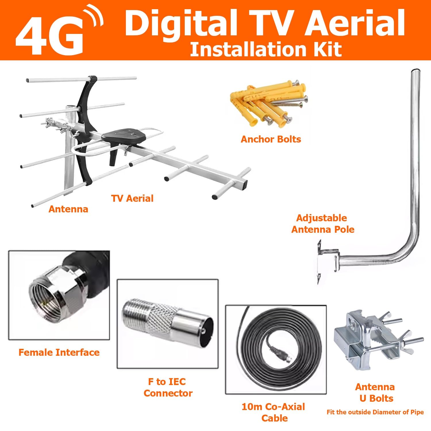 Kit di installazione antenna TV digitale 4G per esterni, antenna da tetto per Smart Freeview HD antenna TV esterna digitale + connettore coassiale maschio femmina 10 m RG6 cavo di fissaggio viti dadi