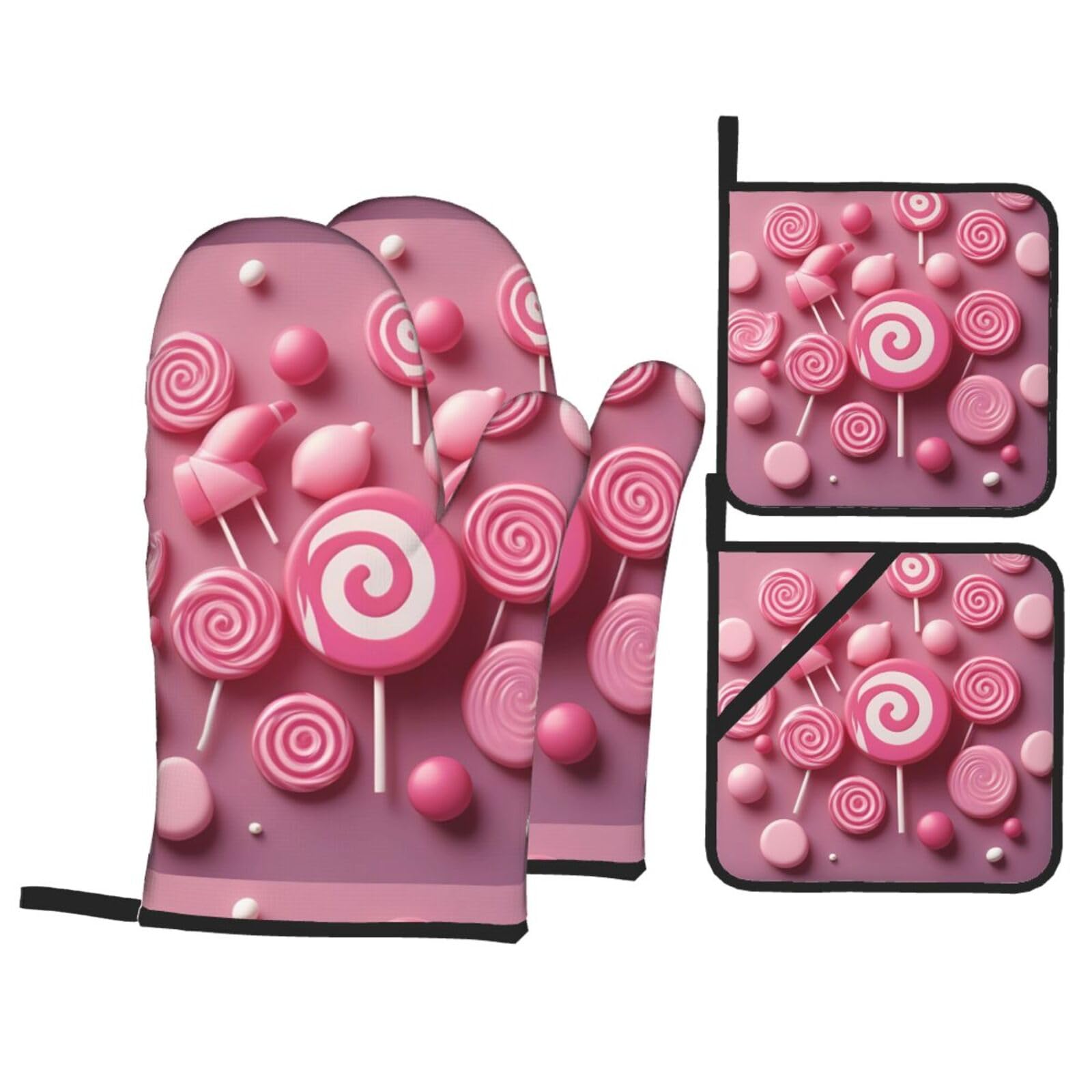 HJFCZH Pink Candy Picture Kitchen Baking Set of 4 Thick Insulated Oven Mitt & Pot Holders, Anti-Scalding for Microwave, Oven, Outdoor BBQ