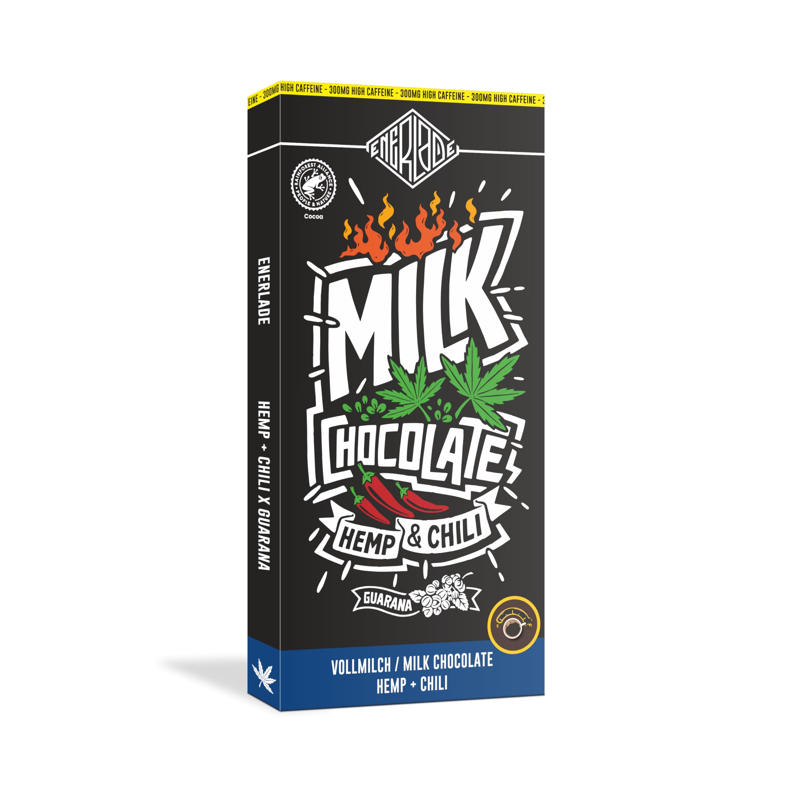 ENERLADE Vollmilch Hanf & Chili Crisp (1x 100 g) Guarana Schokolade - Koffein 300 mg - kein Nachgeschmack - Fair Trade - Energy - made in Germany